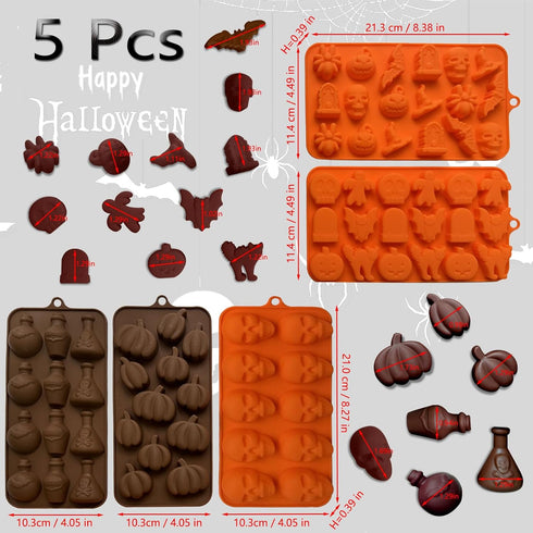 5PCS Halloween Themed Silicone Molds, 70 Cavity 3D Skeleton Pumpkin Ghost Bat Shapes for Baking