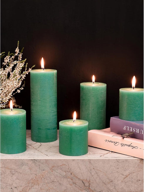 CANDWAX Set of 3 Rustic Unscented 3x3 Pillar Candles - No Drip Green Candles for Home Decor