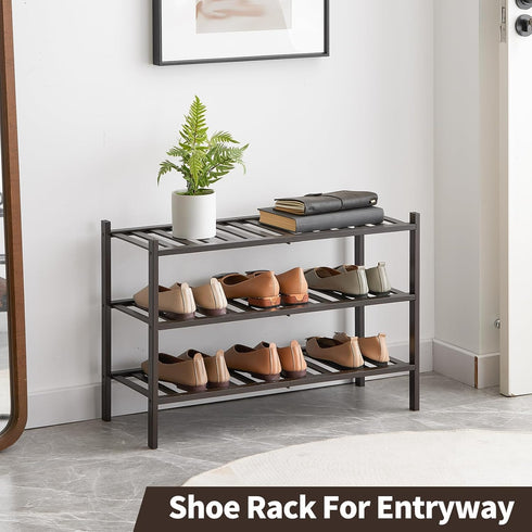Furshus 3-Tier Closet, Shoe Rack, Bamboo Stackable Shoe Shelf Storage Organizer, Shoe Stand for Entryway and Hallway