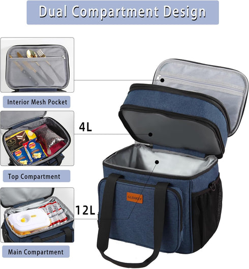 Expandable Large Lunch Box, Insulated Heavy Duty Waterproof Cooler Bag for Men Women, 16L, Blue, GLENKEY