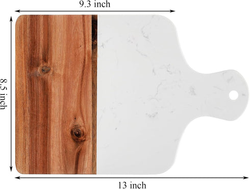 Coloch Marble and Acacia Wood Cutting Board, White Cheese Board Charcuterie Chopping Board with Handle, Solid Serving Board Tray for Cheese, Meat, Steak, Fruit, Bread, 13 x 8.5 Inch by Coloch