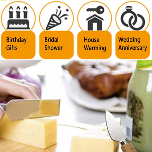 6-Piece Cheese Knife Set, Wooden Handle Stainless Steel Cheese Slicer, Fork Spreader for Cheese Gift Set