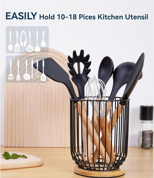 Large Utensil Holder for Kitchen Counter - Farmhouse Utensil Caddy, Spatula Holder (Metal+Bamboo-1)