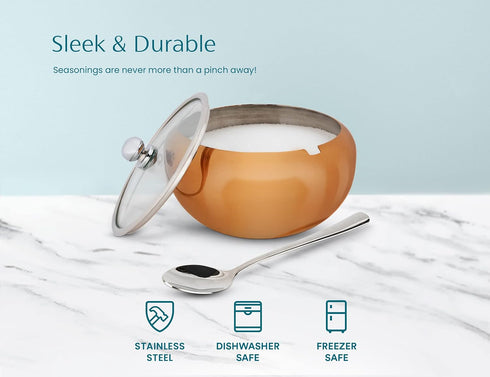 KooK Sugar Bowl with Lid and Spoon, Sugar Container for Salt, Coffee, Holds 2 Cups, Dishwasher Safe, Copper, 16 Oz