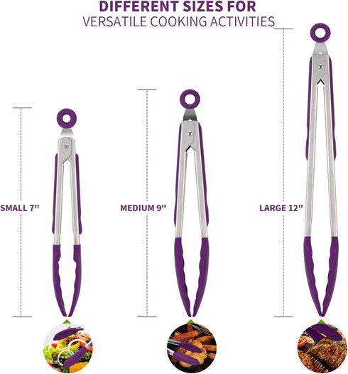 U-Taste Kitchen Tongs, 7/9/12 inches Cooking Tongs with High Heat-Resistant Non-Stick Tips, Pack of 3 (Purple)