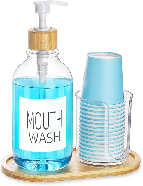 Mouthwash Dispenser with Cup Holder, Plastic Mouth Wash Pump Bottle with Tray