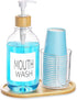 Mouthwash Dispenser with Cup Holder, Plastic Mouth Wash Pump Bottle with Tray