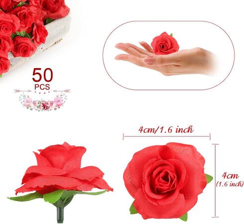 Kesoto 50pcs Artificial Red Roses Buds - 1.6" Small Silk Fake Flower Heads for Decoration, Crafts, Wedding