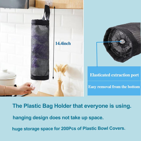 Fresh Keeping Bags, 200 PCS Reusable Plastic Bowl Covers, 1 PCS Plastic Bag Holder, Elastic Storage Wraps