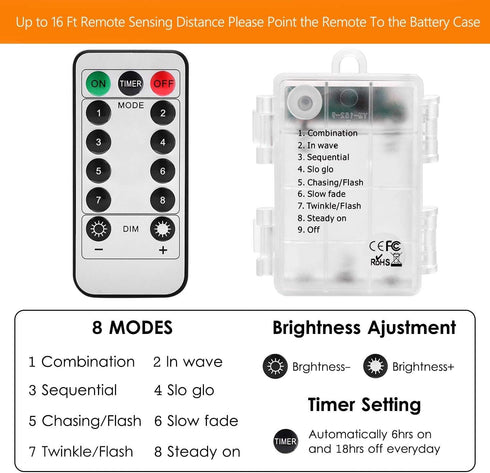 Lights-40Ft 120 8 Dimmable/Timer LED Rope Lights Battery Operated String LEDs Modes Outdoor Waterproof Fairy Lights