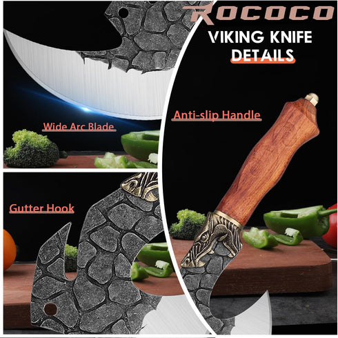 ROCOCO Hand Forged Viking Cleaver Knife, Butcher Meat Cutting Boning Axe with Sheath for Home Outdoor BBQ Camping Gift
