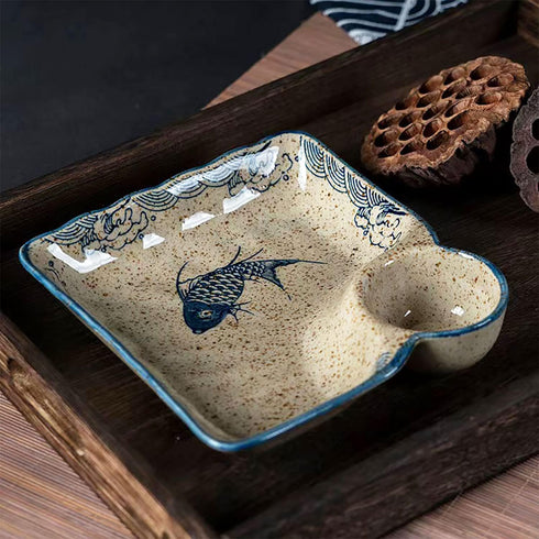 Ceramic Dumpling Plate with Dipping Saucer, Sushi Dish, Serving Plate, Snack Plate, 7.5 Inch - Set of 2