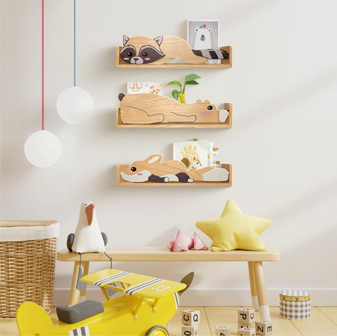 3 24inch Floating Shelves, Wall Shelf for Kids Rooms, Woodland Nursery Bookshelves, Bear Fox and Raccoon