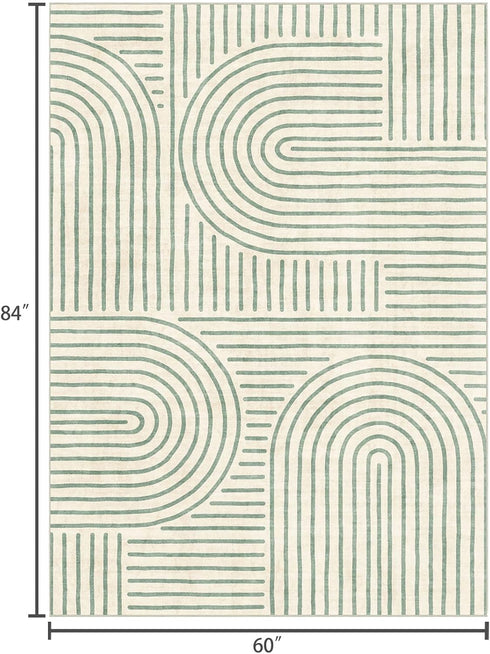5x7 LUXRUG Washable Area Rug - Boho Living Room Rug Soft Indoor Carpet Ultra-Thin Sage Green Modern Abstract Rainbow