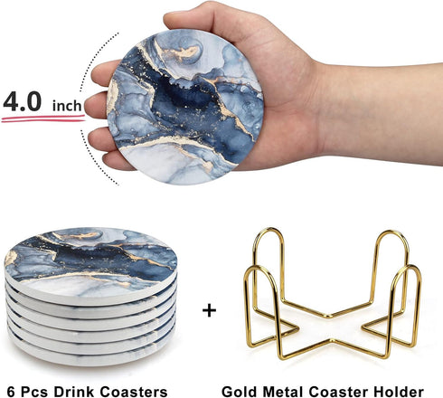 Dksyee Set 6, Set, Coasters of Navy Blue Marble Abstract Round Ceramic Coasters with Holder, Best Absorbent Drink