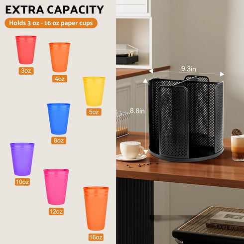Rotating Paper Cup Dispenser, Cup Holder with 4 Compartments, Disposable Coffee Cup Dispenser Removable, Plastic Cup Storage & Lid Holder for Countertops, Kitchen, Coffee Stations (Black) by wymulot