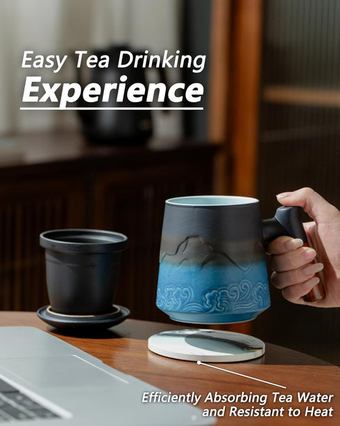 15.2 oz ZENS Tea Cup with Infuser and Lid for Loose Leaf Tea Steeper, Ceramic Tea Mug with Fine Tea Strainers