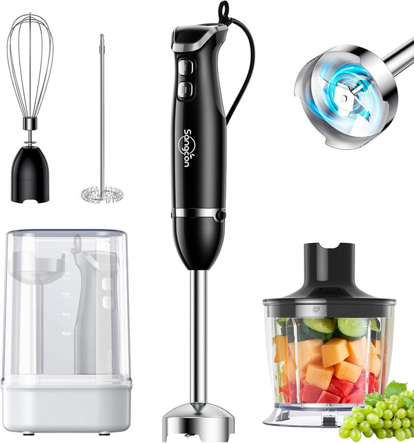 Sangcon 6-in-1 Immersion Blender: Handheld with Chopper & 34oz Blending Cup, 2-Speed Adjustable Stick Blender
