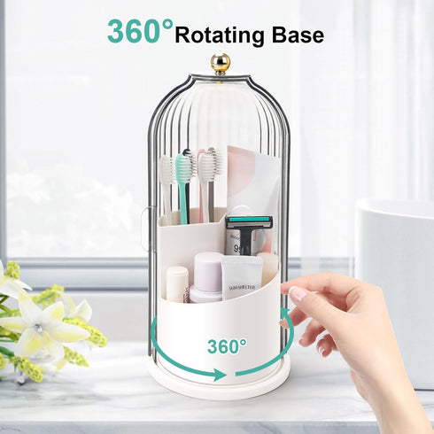 Bathroom Organizer Countertop, Toothbrush Holders with Sliding Lid, Rotating 3 Slots Tooth Brush Toothpaste Caddy