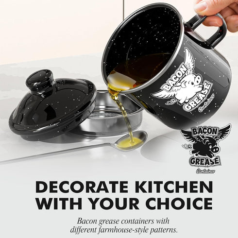 15OZ 15OZ) PGYARD Mini Bacon Grease Container With Strainer - Farmhouse Enamel Grease Saver (Black