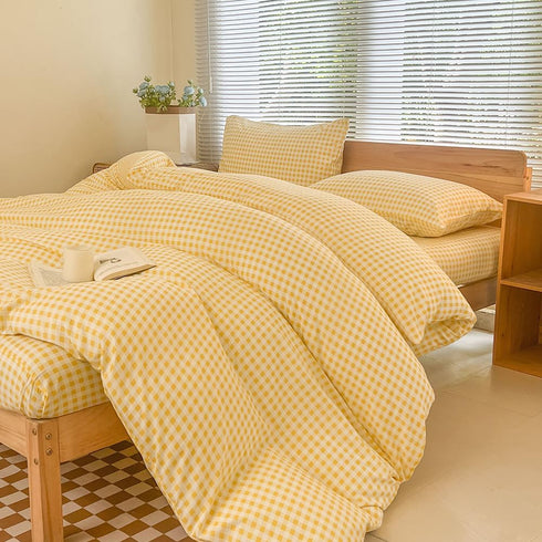NSNLGSGC Yellow Gingham Duvet Cover Set Twin, Grid Simple Geometric Square Pattern