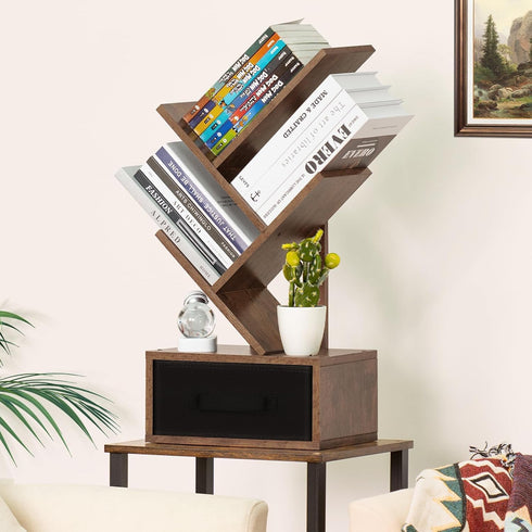 4-Tier Simple Deluxe Tree Bookshelf with Drawers, Compact Corner Bookcase with Storage Cabinet & Open Shelves, Rustic