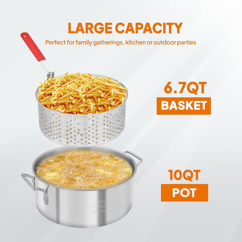 10Qt 55,000 6.7Qt ROVSUN Fish Fryer Pot with BTU Propane Burner, Strainer Basket, Thermometer & Lid, Aluminum Pot