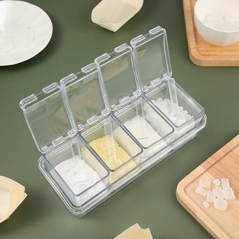 4 Set 16 10 4 3.3 Inch Bokon Acrylic Clear Seasoning Box with Spoon, Pcs Kitchen Seasoning Organizer Box Spice Pots