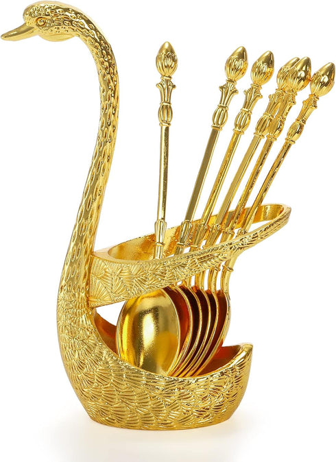 14 Pack Swan Base Holder with Coffee Spoons & Forks, Gold Dessert Flatware Set for Mixing, Stirring, Serving