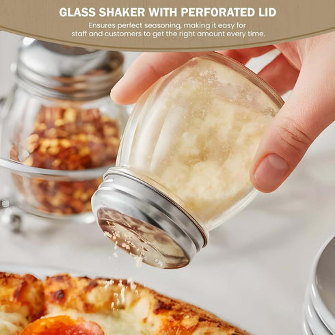 OCS Parts 3.5-Inch Glass Shaker with Chrome Plated Perforated Lid | Grated Cheese, Chili and Red Pepper Shaker for Home and Commercial Use