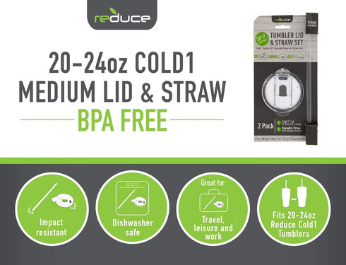 REDUCE Cold1 Tumblers or Mugs Replacement Lid (20-24oz) and Straw Set, Clear, BPA Free