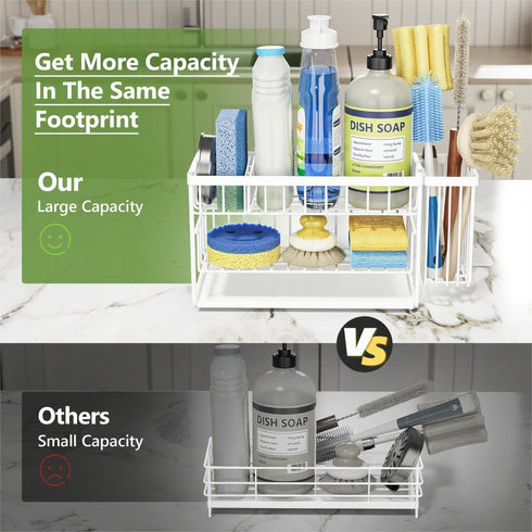 2-Tier Countertop Cisily White Kitchen Sink Caddy Organzier Rack with Flexible Dish Brush Holder, Sponge Holder