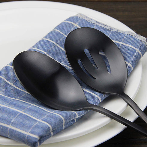AOOSY 8.7 Inches Matte Black Utility Skimmer, 8 3/4" Stainless Steel Serving Spoons Set x 3, Slotted Spoons x 3 for