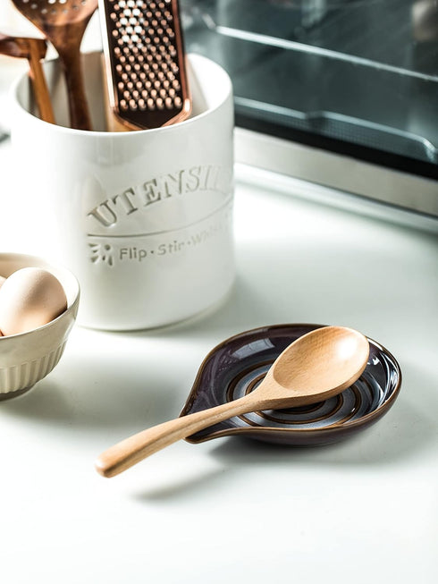 Ceramic Spoon Rest - Deep Drip Tray Holder for Stove Top Utensils, Cooking Spoon Holder with Handle, Purple
