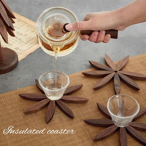 DEOLD Set, Set 4 Wooden Placemats - Tree Washer Wooden Pinwheel Coaster with Stand for Easy Storage - for Fondue pots
