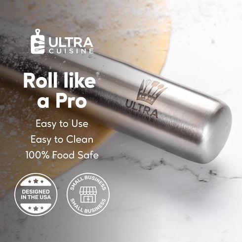 Ultra Cuisine French Rolling Pin for Baking – Tapered Design, Stainless Steel, 15.75-inch Large Roller Pin