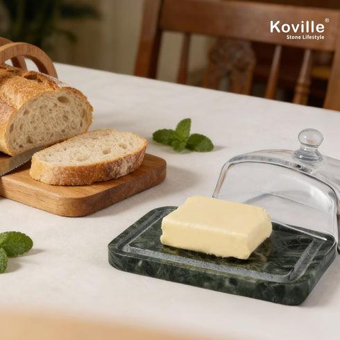 Countertop Koville Green Marble Butter Dish with Glass Lid for and Refrigerator Door Shelf, Green Marble Butter Keeper