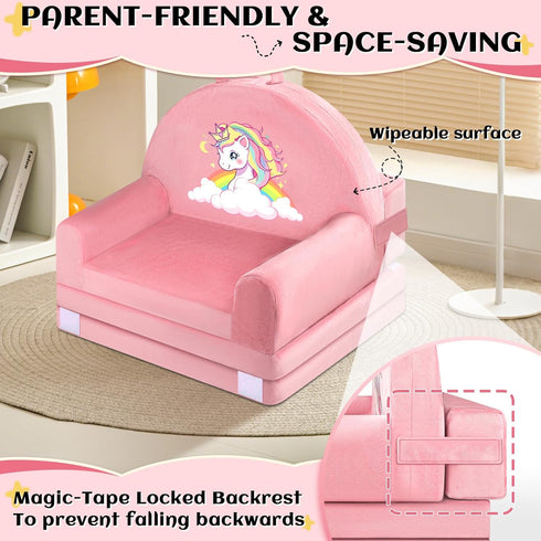 ORWIPO Cozy Unicorn Kids Sofa Bed with Removable Washable Cover & Hook and Loop Backrest Foldable Toddler Chair
