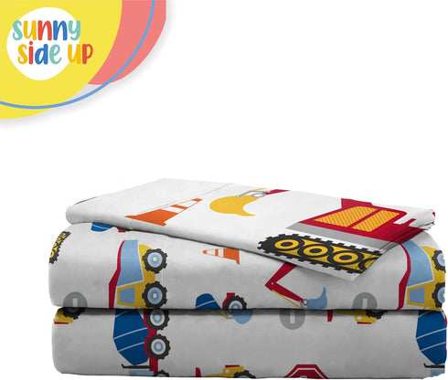 Set 3 Set Sunny Side Up Construction Zone Twin Sheet - Piece Kids Bedding Includes Pillow Cover - Super Soft Trucks
