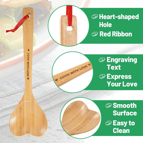 Bamboo Heart Shaped Spoon for Cooking, Wooden Kitchen Utensils, Valentine's Gifts for Mom