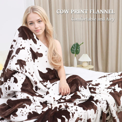 Cozy Country 90" 90" Queen Size Blankets for Bed, Extra Large Fuzzy Fleece Cow Print Blankets Full Size, Luxury Decor