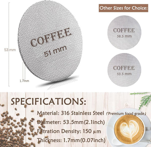 Puck Screen 51mm Reusable Puck Screen for Espresso Portafilter, 1.7mm Thickness 150µm 316 Stainless Steel Screen Filter Basket Compatible with Espresso Machine