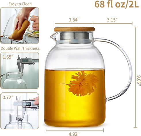 Large Glass Teapot 68 fl oz with Infuser, Stovetop Safe, Thickened Borosilicate Glass, Bamboo Lid