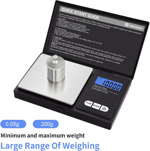 Digital Gram Scale,200g 0.01g/0.001oz Weight Scale Gram and Ounce,Electronic Smart Mini Pocket Scale with 100g Calibration Weight,for Grain,Gold,Jewelry,Power,LCD Display, Tare, Auto Off by UNIWEIGH