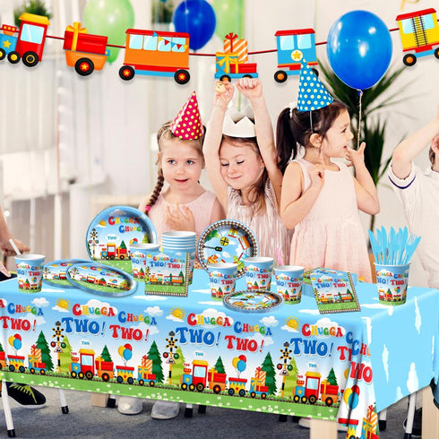 Lenyunge 142PCS Set 2nd Chuagaa Chugga Two Two Birthday Decoration Train Paper Plates Tableware - Transportation Table