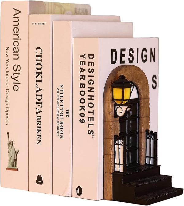 1 Pcs Unique Book End with Lighted Lantern, Vintage Decorative Book Ends