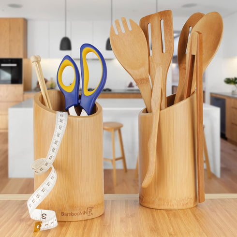 BambooMN Bamboo Kitchen Utensil Holder for Countertop, 7" x 4" Utensil Crock in Carbonized Brown