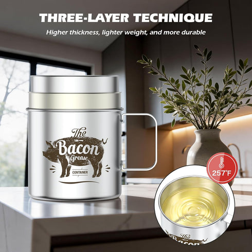 20 OZ PGYARD Mini Bacon Grease Saver With Strainer - Stainless Steel Oil Container, Farmhouse Bacon Grease Keeper