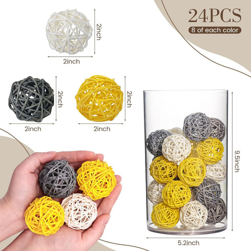 DomeStar 24PCS Yellow Decorative Balls for Bowl Centerpiece, 2 Inch Rattan Bowl Fillers for Kitchen Decor