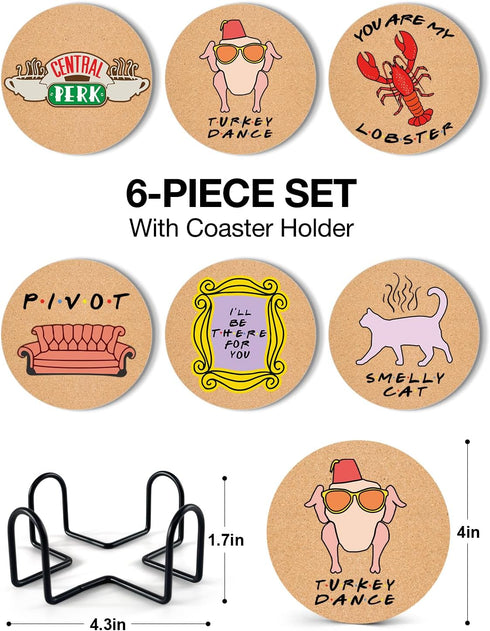 Set 6 Friends TV Show Merchandise - Funny TV Show Coasters of with Holder, Cork Coasters for Coffee Table, Friends TV